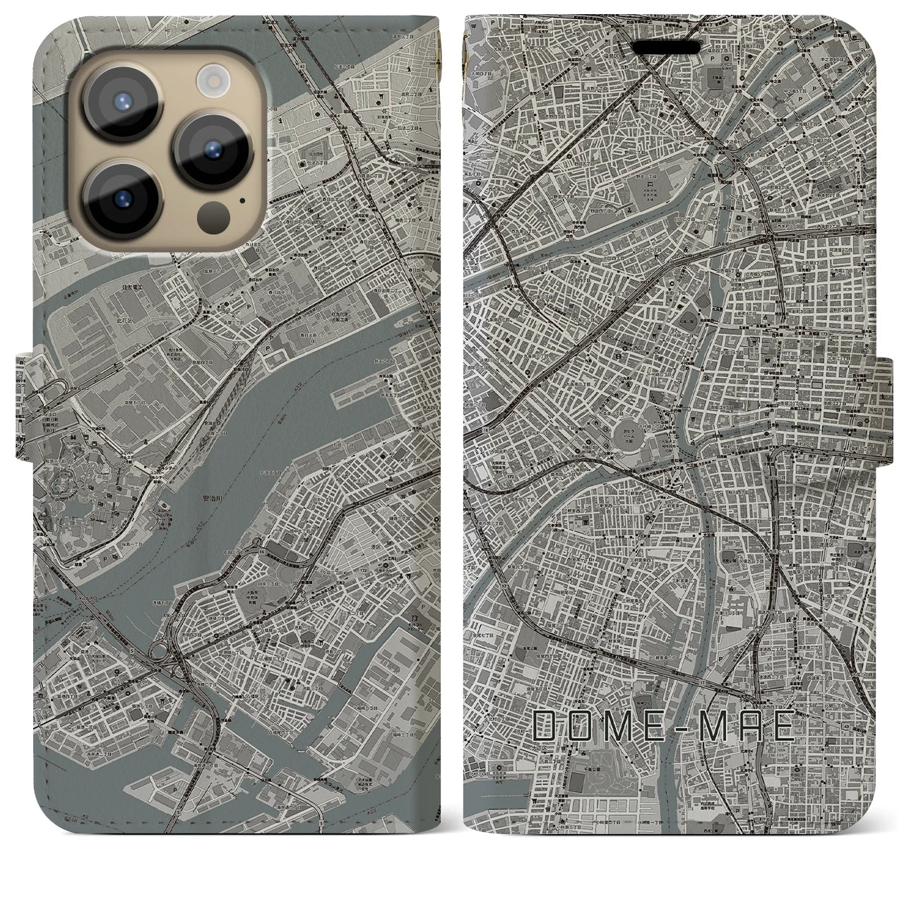 【ドーム前】地図柄iPhoneケース（手帳両面タイプ・モノトーン）iPhone 14 Pro Max 用