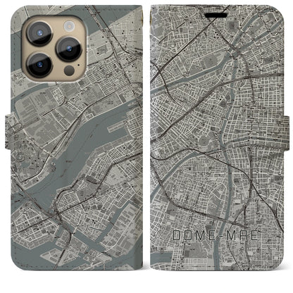 【ドーム前（大阪府）】地図柄iPhoneケース（手帳タイプ）モノトーン・iPhone 14 Pro Max 用