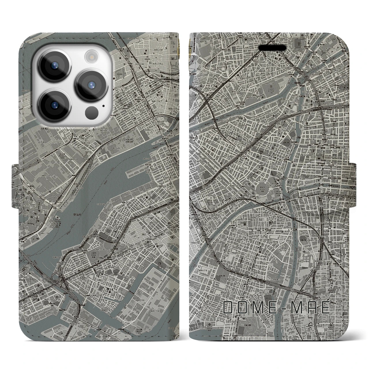 【ドーム前】地図柄iPhoneケース（手帳両面タイプ・モノトーン）iPhone 14 Pro 用