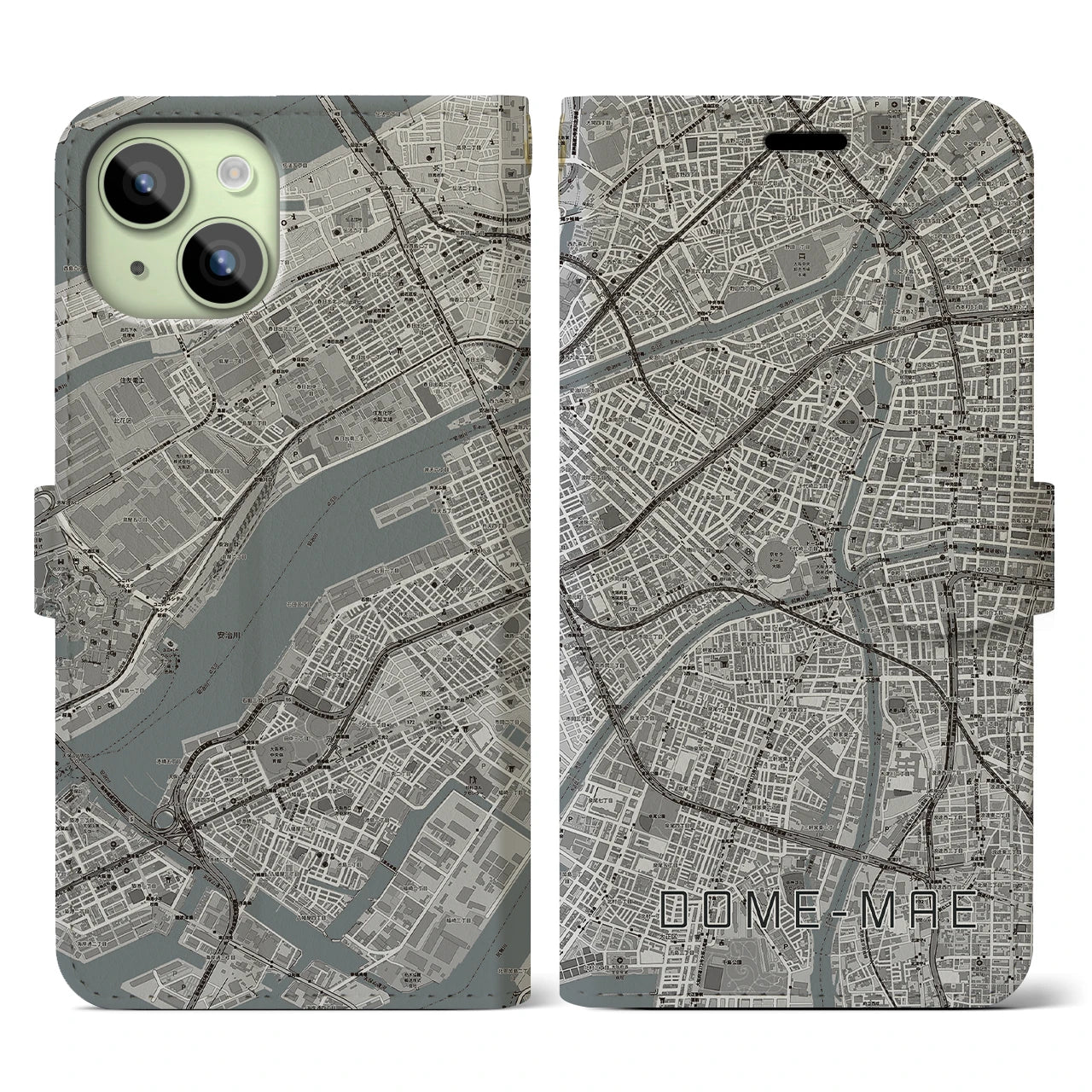 【ドーム前】地図柄iPhoneケース（手帳両面タイプ・モノトーン）iPhone 15 用
