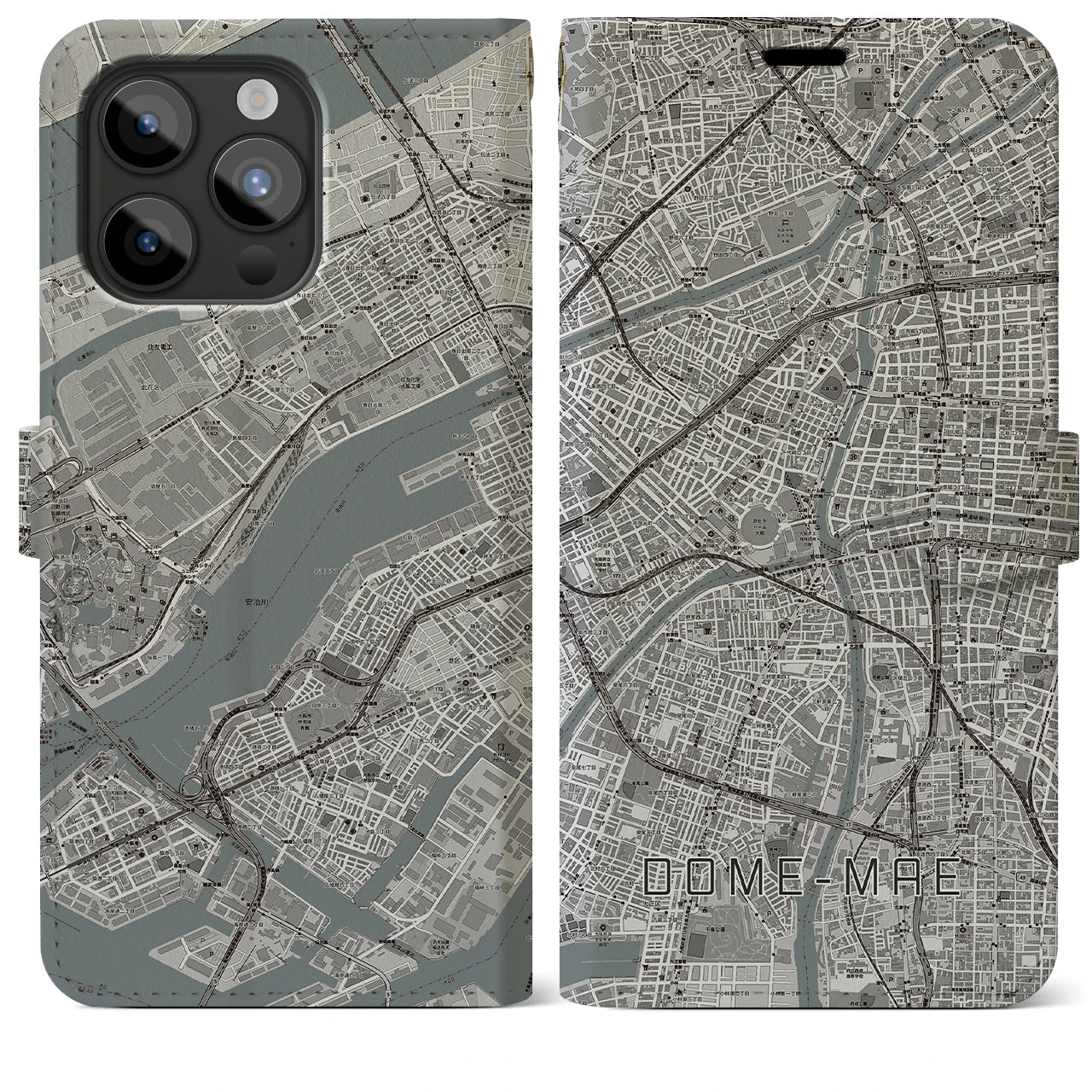【ドーム前】地図柄iPhoneケース（手帳両面タイプ・モノトーン）iPhone 15 Pro Max 用