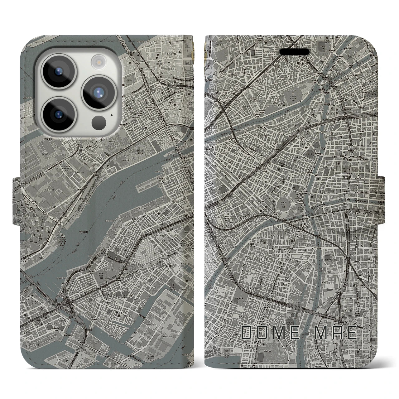 【ドーム前】地図柄iPhoneケース（手帳両面タイプ・モノトーン）iPhone 15 Pro 用