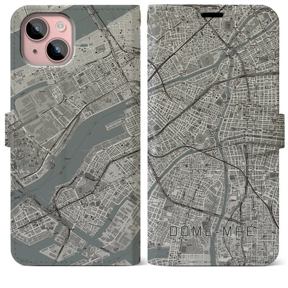 【ドーム前（大阪府）】地図柄iPhoneケース（手帳タイプ）モノトーン・iPhone 15 Plus 用