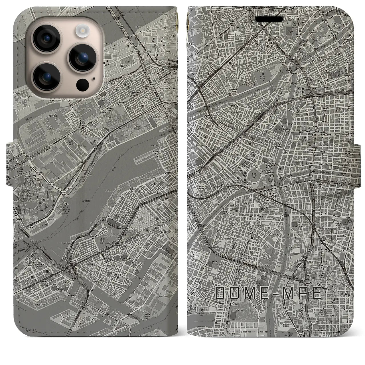 【ドーム前（大阪府）】地図柄iPhoneケース（手帳タイプ）モノトーン・iPhone 16 Plus 用