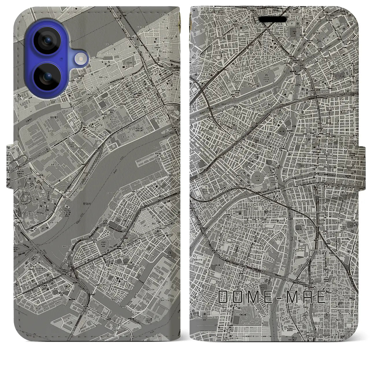 【ドーム前（大阪府）】地図柄iPhoneケース（手帳タイプ）モノトーン・iPhone 16 Pro Max 用