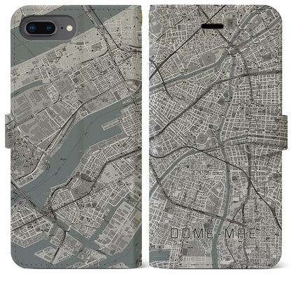 【ドーム前（大阪府）】地図柄iPhoneケース（手帳タイプ）モノトーン・iPhone 8Plus /7Plus / 6sPlus / 6Plus 用