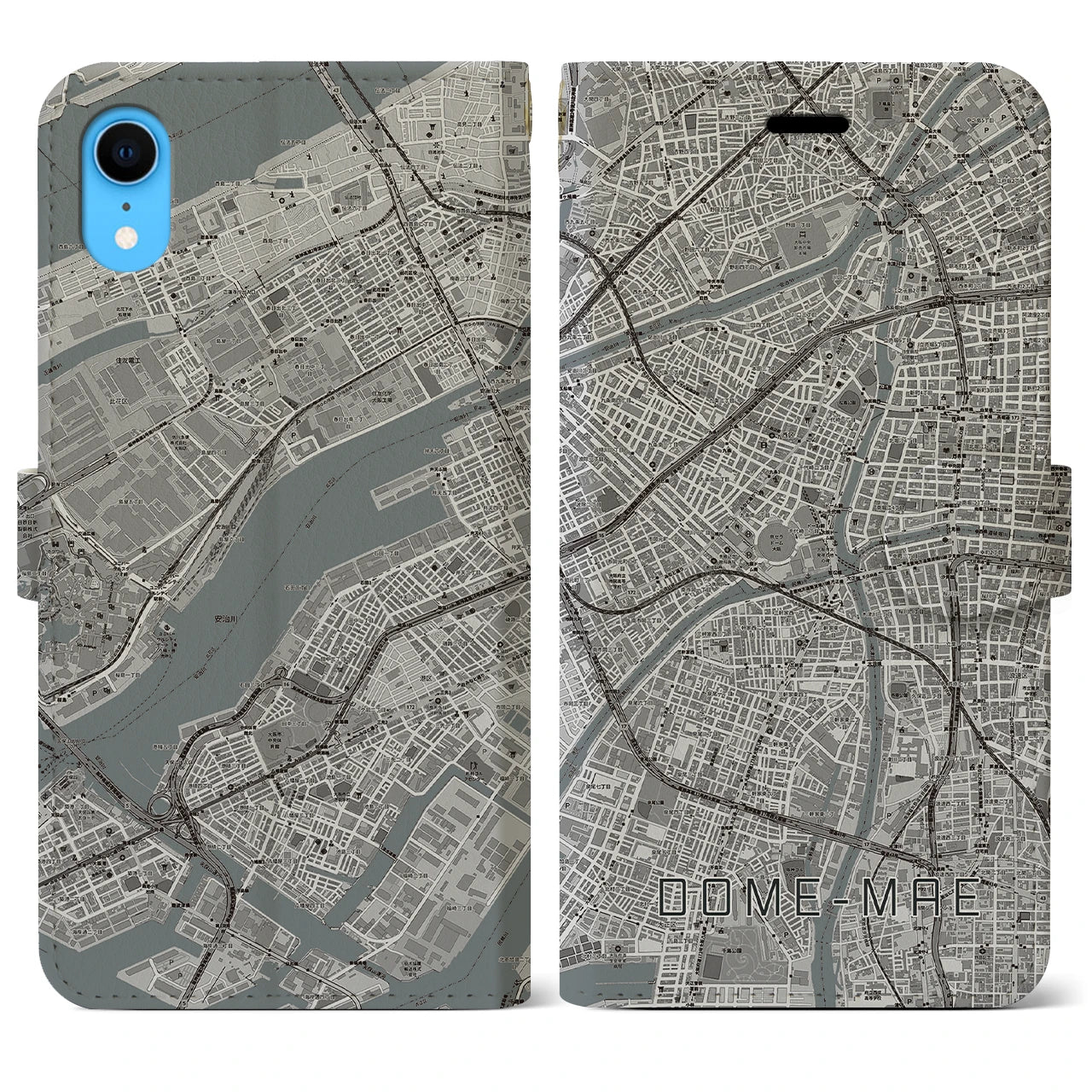【ドーム前】地図柄iPhoneケース（手帳両面タイプ・モノトーン）iPhone XR 用
