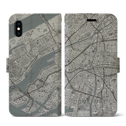 【ドーム前（大阪府）】地図柄iPhoneケース（手帳タイプ）モノトーン・iPhone XS / X 用