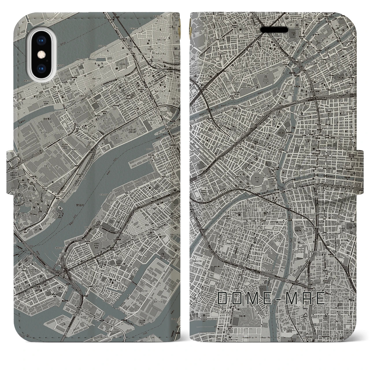 【ドーム前】地図柄iPhoneケース（手帳両面タイプ・モノトーン）iPhone XS Max 用