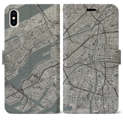 【ドーム前（大阪府）】地図柄iPhoneケース（手帳タイプ）モノトーン・iPhone XS Max 用