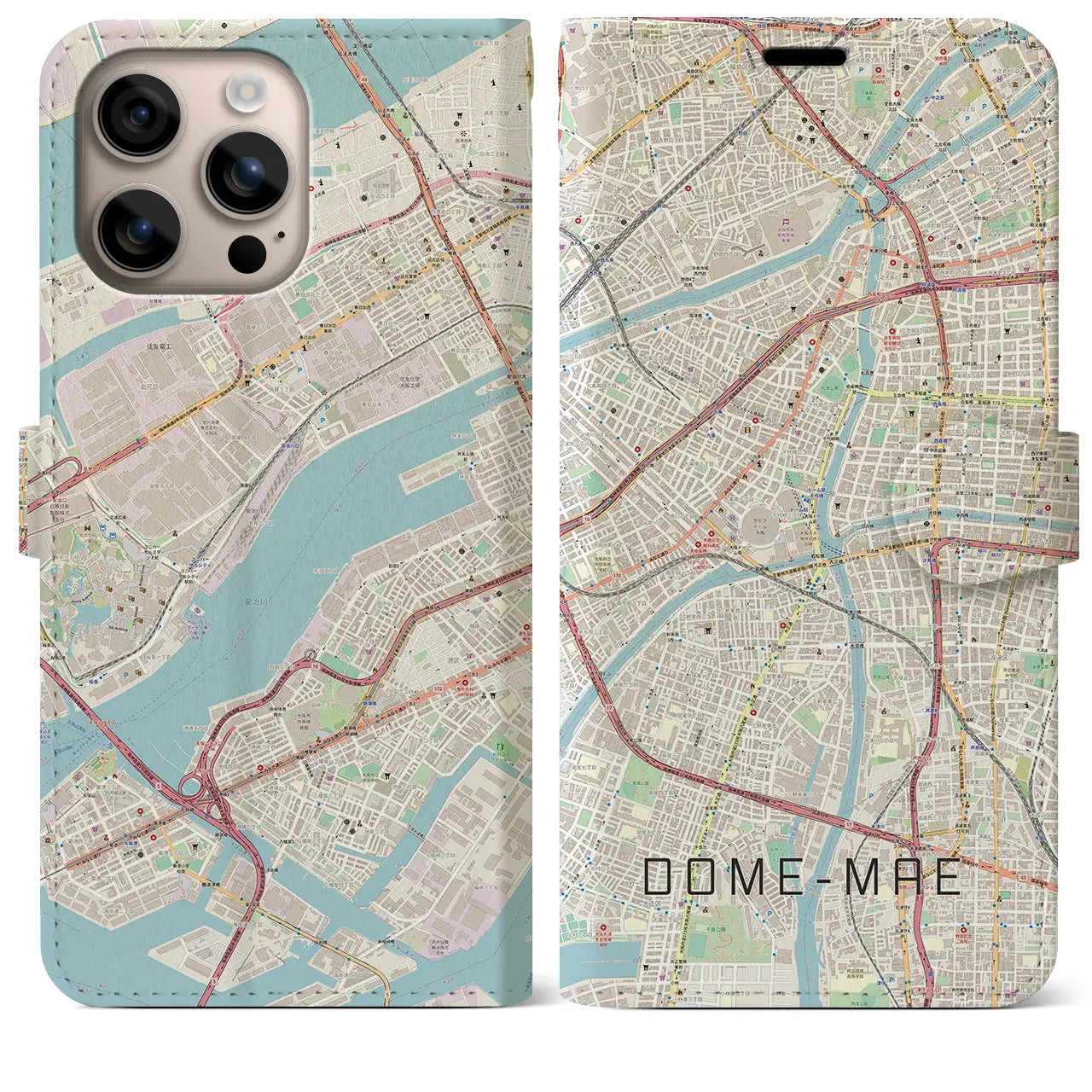 【ドーム前（大阪府）】地図柄iPhoneケース（手帳タイプ）ナチュラル・iPhone 16 Plus 用