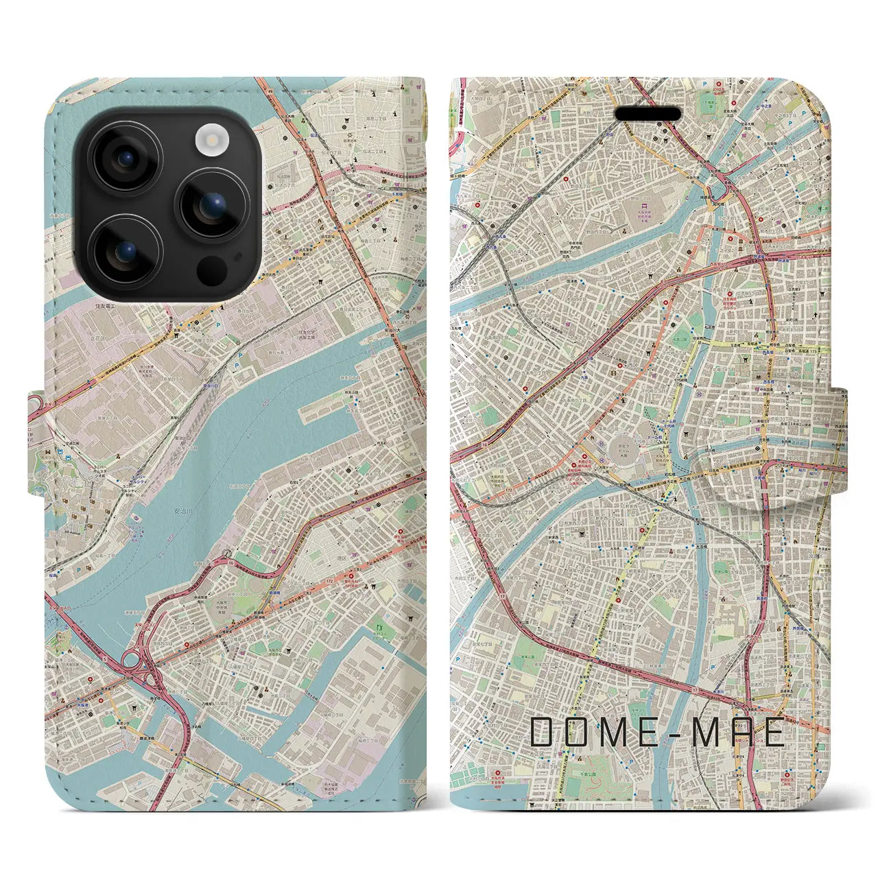 【ドーム前（大阪府）】地図柄iPhoneケース（手帳タイプ）ナチュラル・iPhone 16 用