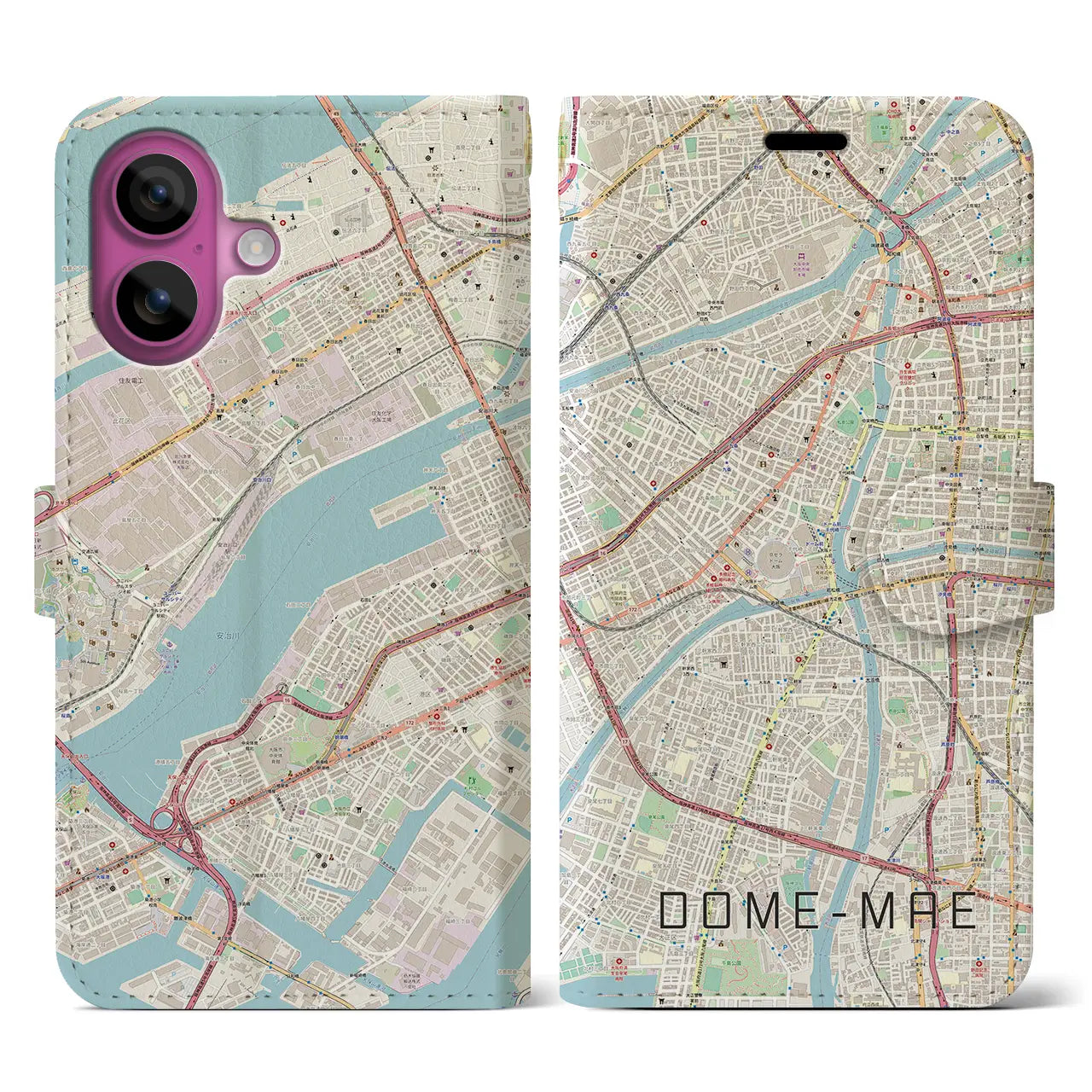 【ドーム前（大阪府）】地図柄iPhoneケース（手帳タイプ）ナチュラル・iPhone 16 Pro 用