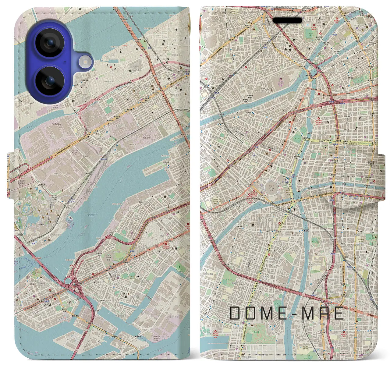 【ドーム前（大阪府）】地図柄iPhoneケース（手帳タイプ）ナチュラル・iPhone 16 Pro Max 用