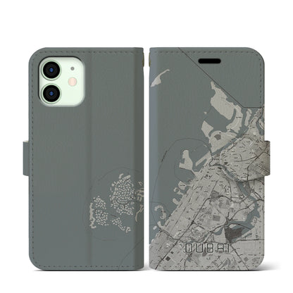 【ドバイ（アラブ首長国連邦）】地図柄iPhoneケース（手帳タイプ）モノトーン・iPhone 12 mini 用