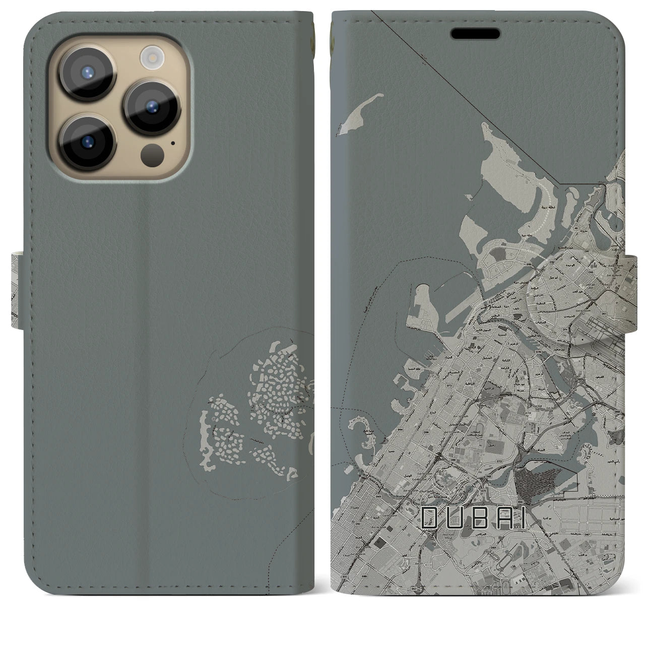 【ドバイ】地図柄iPhoneケース（手帳両面タイプ・モノトーン）iPhone 14 Pro Max 用