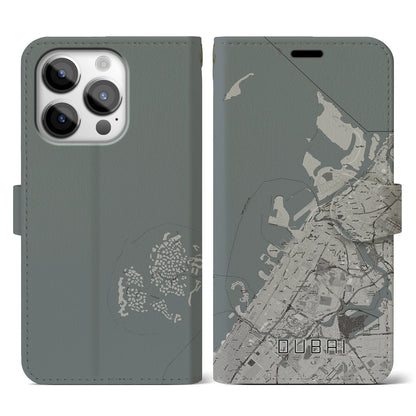 【ドバイ（アラブ首長国連邦）】地図柄iPhoneケース（手帳タイプ）モノトーン・iPhone 14 Pro 用