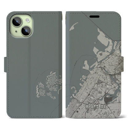 【ドバイ（アラブ首長国連邦）】地図柄iPhoneケース（手帳タイプ）モノトーン・iPhone 15 用