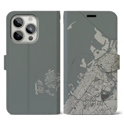 【ドバイ（アラブ首長国連邦）】地図柄iPhoneケース（手帳タイプ）モノトーン・iPhone 15 Pro 用