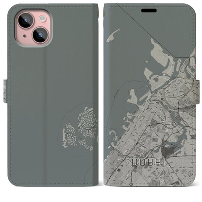 【ドバイ（アラブ首長国連邦）】地図柄iPhoneケース（手帳タイプ）モノトーン・iPhone 15 Plus 用