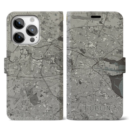【ダブリン（アイルランド）】地図柄iPhoneケース（手帳タイプ）モノトーン・iPhone 14 Pro 用