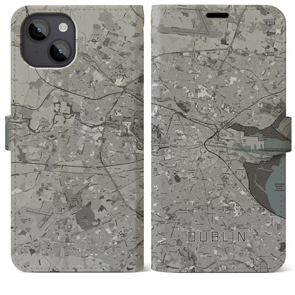 【ダブリン（アイルランド）】地図柄iPhoneケース（手帳タイプ）モノトーン・iPhone 14 Plus 用