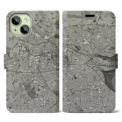 【ダブリン（アイルランド）】地図柄iPhoneケース（手帳タイプ）モノトーン・iPhone 15 用