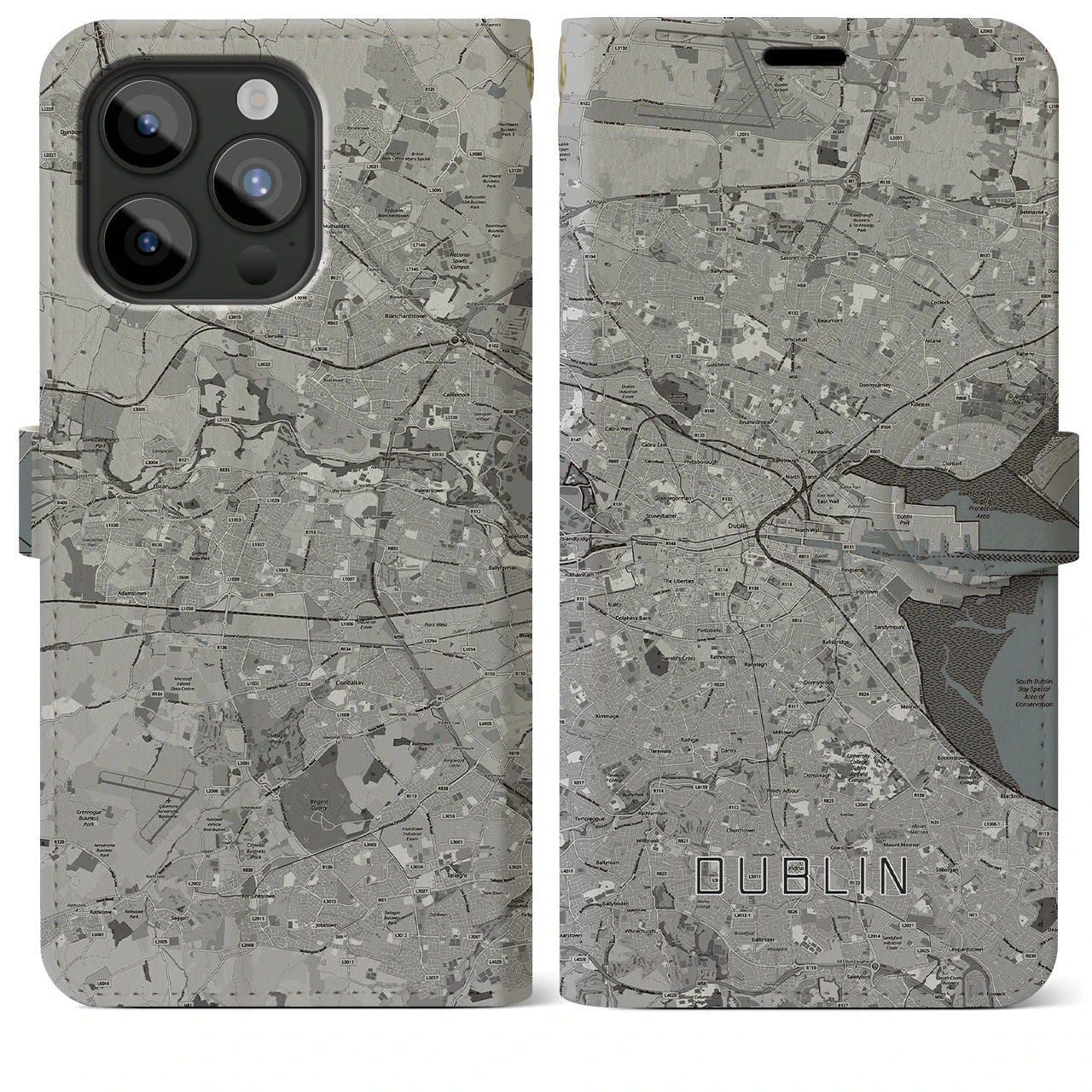 【ダブリン】地図柄iPhoneケース（手帳両面タイプ・モノトーン）iPhone 15 Pro Max 用