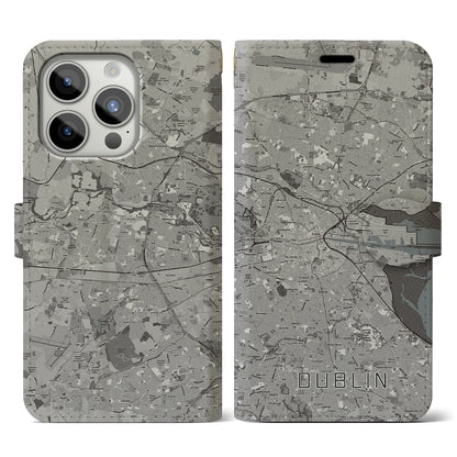 【ダブリン（アイルランド）】地図柄iPhoneケース（手帳タイプ）モノトーン・iPhone 15 Pro 用