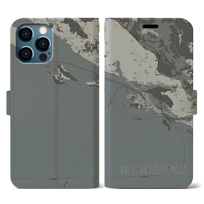 【ドゥブロヴニク（クロアチア）】地図柄iPhoneケース（手帳タイプ）モノトーン・iPhone 12 / 12 Pro 用