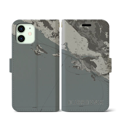 【ドゥブロヴニク（クロアチア）】地図柄iPhoneケース（手帳タイプ）モノトーン・iPhone 12 mini 用