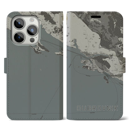 【ドゥブロヴニク（クロアチア）】地図柄iPhoneケース（手帳タイプ）モノトーン・iPhone 15 Pro 用