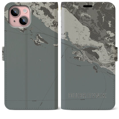 【ドゥブロヴニク（クロアチア）】地図柄iPhoneケース（手帳タイプ）モノトーン・iPhone 15 Plus 用