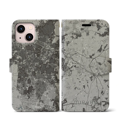 【ダーラム（アメリカ）】地図柄iPhoneケース（手帳タイプ）モノトーン・iPhone 13 mini 用