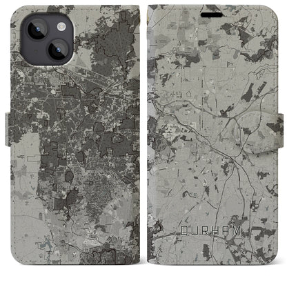 【ダーラム（アメリカ）】地図柄iPhoneケース（手帳タイプ）モノトーン・iPhone 14 Plus 用