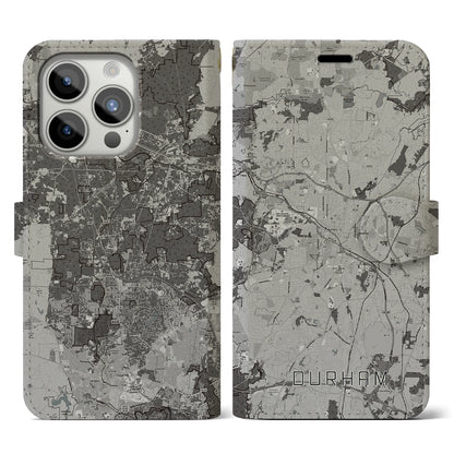 【ダーラム（アメリカ）】地図柄iPhoneケース（手帳タイプ）モノトーン・iPhone 15 Pro 用