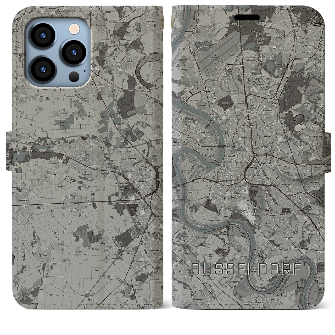 【デュッセルドルフ】地図柄iPhoneケース（手帳両面タイプ・モノトーン）iPhone 13 Pro Max 用