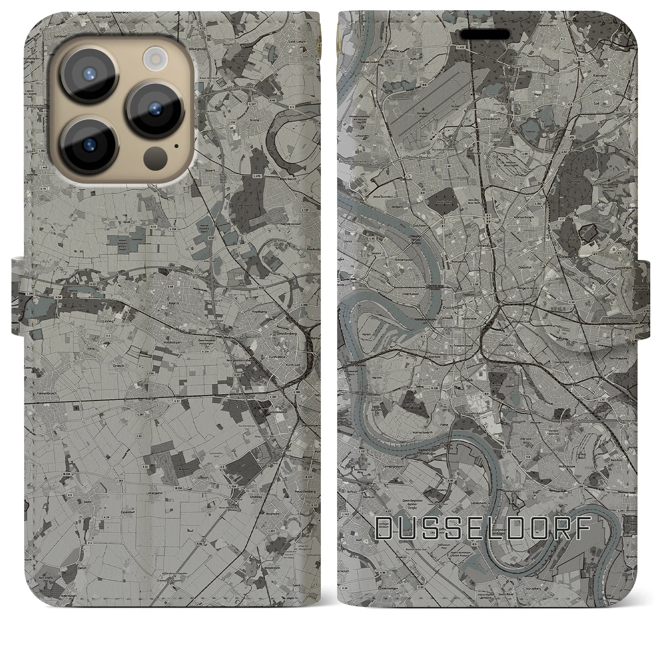 【デュッセルドルフ】地図柄iPhoneケース（手帳両面タイプ・モノトーン）iPhone 14 Pro Max 用