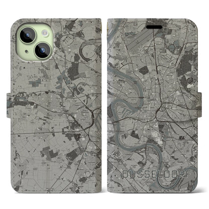 【デュッセルドルフ（ドイツ）】地図柄iPhoneケース（手帳タイプ）モノトーン・iPhone 15 用