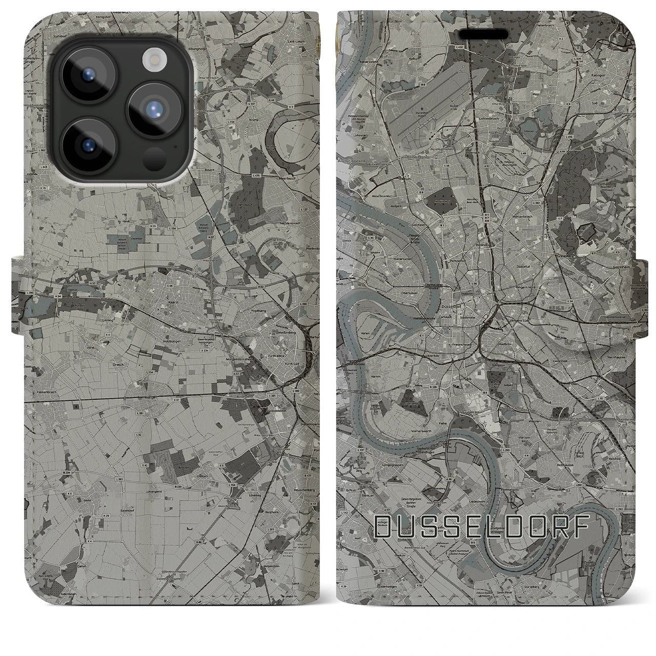 【デュッセルドルフ】地図柄iPhoneケース（手帳両面タイプ・モノトーン）iPhone 15 Pro Max 用