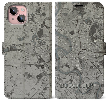 【デュッセルドルフ（ドイツ）】地図柄iPhoneケース（手帳タイプ）モノトーン・iPhone 15 Plus 用