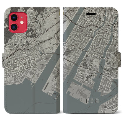 【江波（広島県）】地図柄iPhoneケース（手帳タイプ）モノトーン・iPhone 11 用