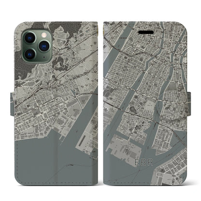 【江波（広島県）】地図柄iPhoneケース（手帳タイプ）モノトーン・iPhone 11 Pro 用