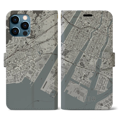 【江波（広島県）】地図柄iPhoneケース（手帳タイプ）モノトーン・iPhone 12 / 12 Pro 用