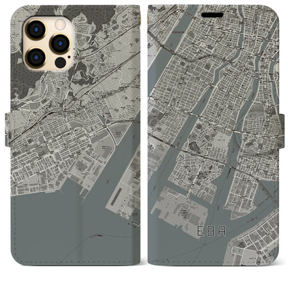 【江波（広島県）】地図柄iPhoneケース（手帳タイプ）モノトーン・iPhone 12 Pro Max 用