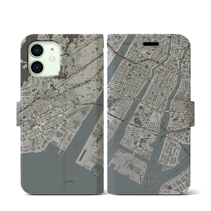 【江波（広島県）】地図柄iPhoneケース（手帳タイプ）モノトーン・iPhone 12 mini 用