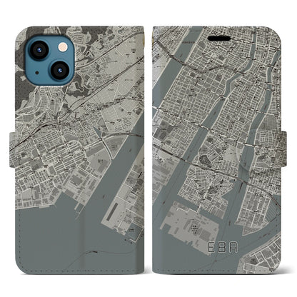 【江波（広島県）】地図柄iPhoneケース（手帳タイプ）モノトーン・iPhone 13 用