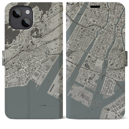 【江波（広島県）】地図柄iPhoneケース（手帳タイプ）モノトーン・iPhone 14 Plus 用