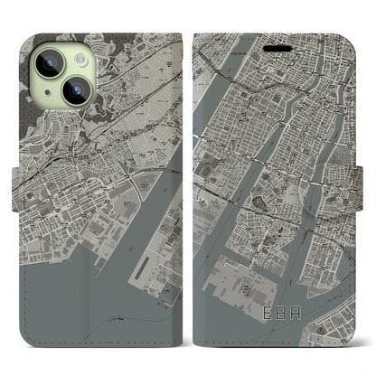 【江波（広島県）】地図柄iPhoneケース（手帳タイプ）モノトーン・iPhone 15 用