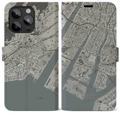 【江波（広島県）】地図柄iPhoneケース（手帳タイプ）モノトーン・iPhone 15 Pro Max 用